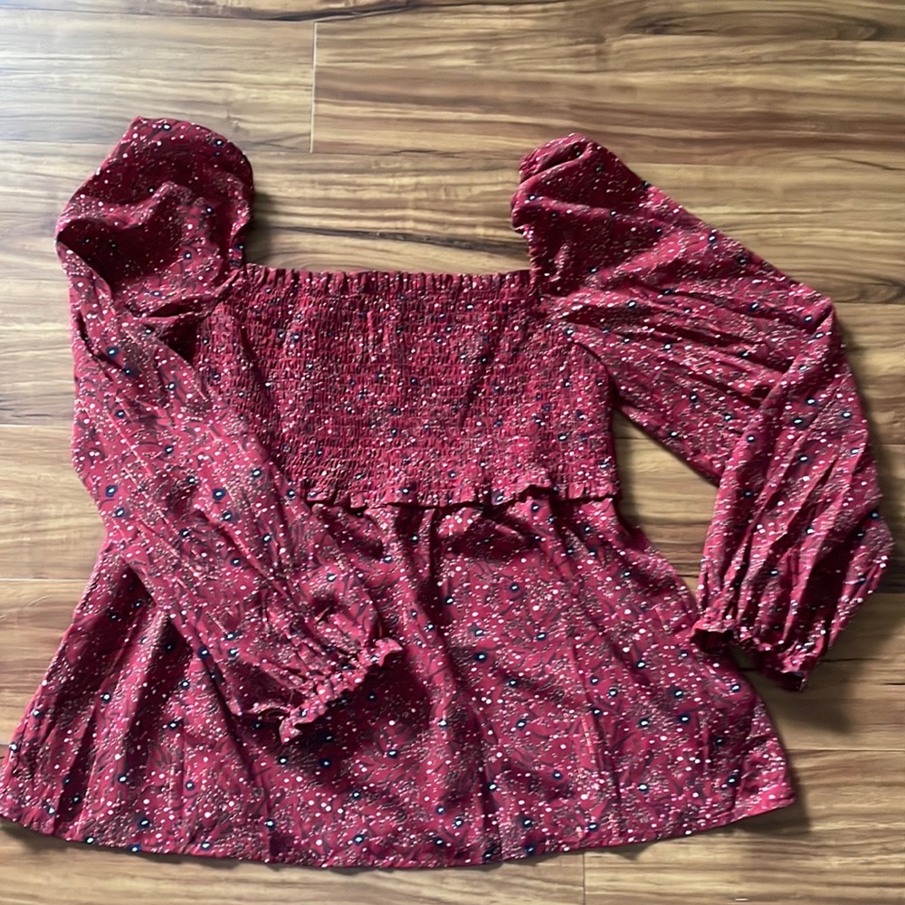 Umgee Red Floral Smocked Peplum Babydoll Top